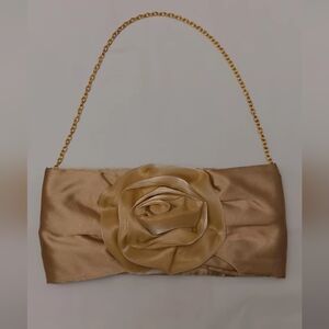 The Look Lux Satin Gold Clutch with Floral Accent and Gold Chain Strap NWT